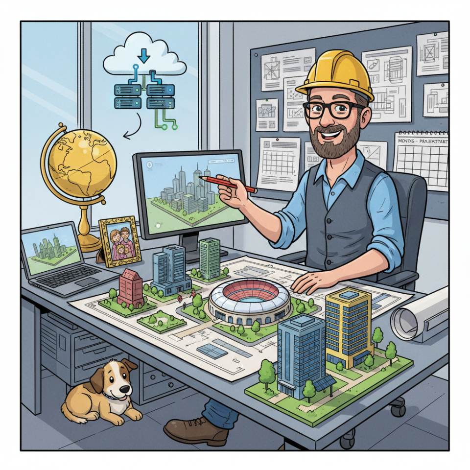 Ilustración cómic de un arquitecto con planos de obra, maqueta arquitectónica y portátil en una mesa de planificación ante un diseño de edificio moderno
