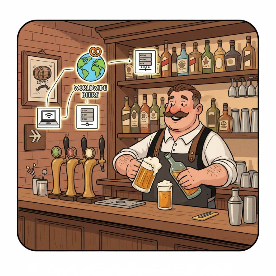 Ilustración cómic de un bartender tras una barra bien iluminada con coctelera