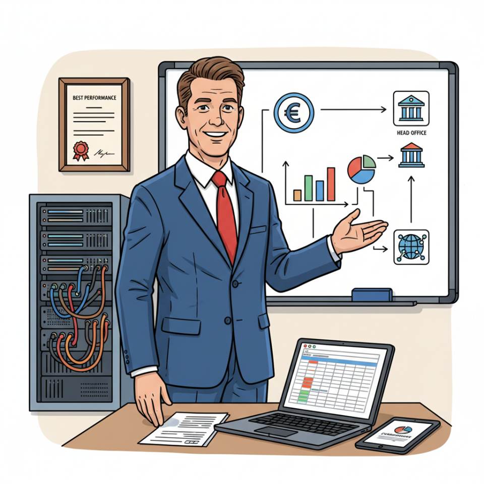 Ilustración cómic de un director comercial con portátil, panel de KPI y equipo en una oficina moderna
