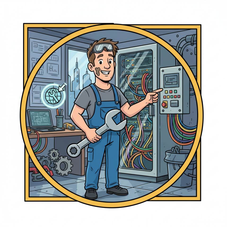 Ilustración tipo cómic de un mecánico con herramientas y ropa de protección manteniendo una máquina en el taller