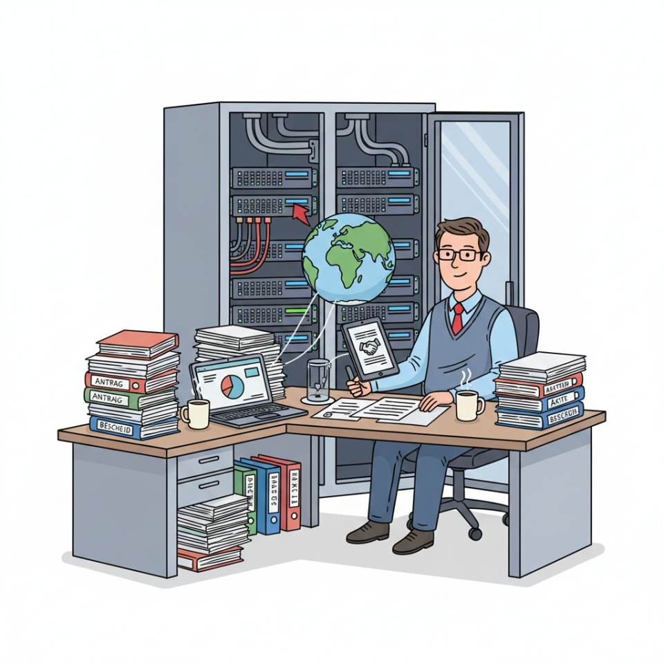 Ilustración tipo cómic de un Sachbearbeiter en el escritorio con portátil, carpeta, sello y formularios