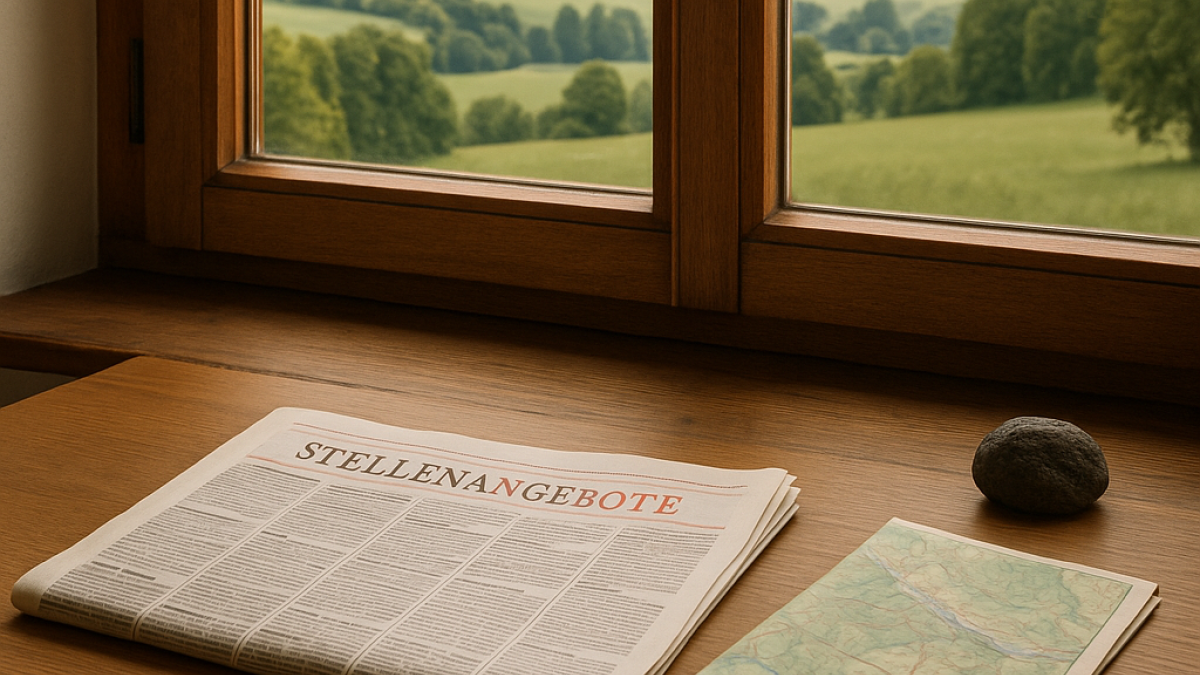Zeitung mit Stellenangeboten am Fenster zur Saarland-Landschaft
